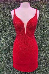 Misshow Sparkly Red Beaded Tight Short Homecoming Dress/Mini Dress